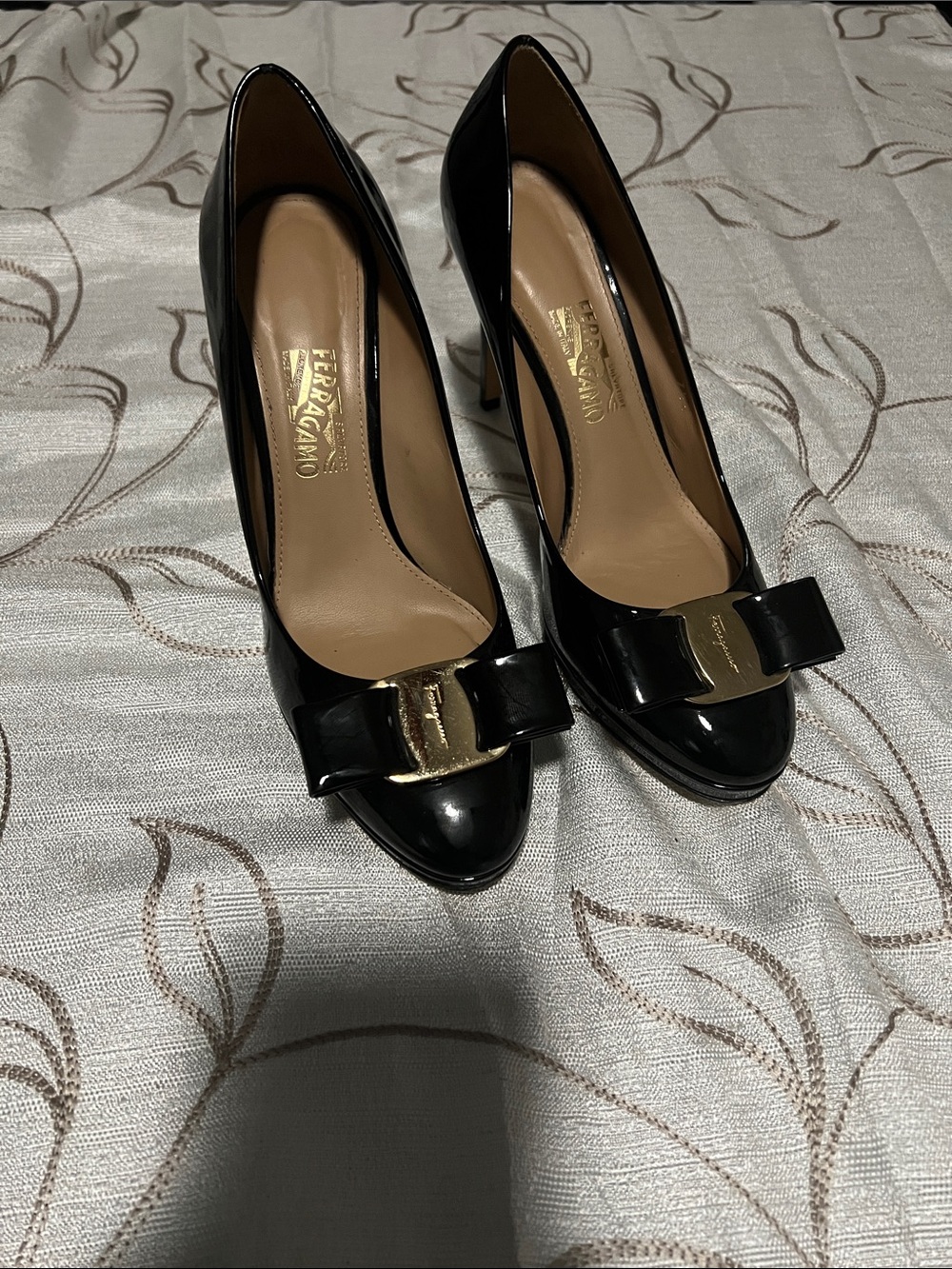 Salvatore Ferragamo Black Patent Leather Bow Pumps with Gold Plaque